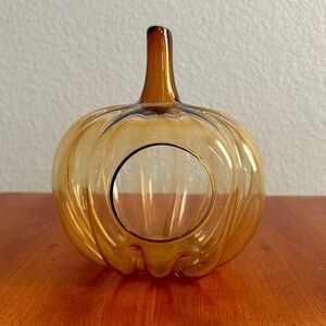 Blown Amber Glass Pumpkin Candle Holder With Stem Chimney